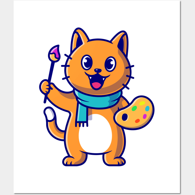 Cute Cat Painter Holding Colour Pallete And Brush Cartoon Wall Art by Catalyst Labs